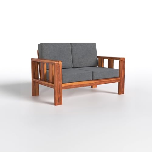 Image of Sheesham Wood 2 Seater Sofa Set with Cushions | Living Room & Office | Natural Teak Finish | Solid Wood Frame | Compact 2 Seater Design