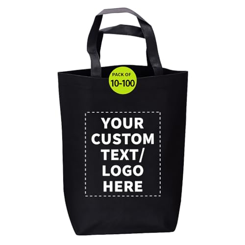 DISCOUNT PROMOS Custom Large Reusable Heavy Duty Tote Bag Set of 10/50/100, Personalized Bulk Pack - Durable, Reusable, Grocery Bag - Black