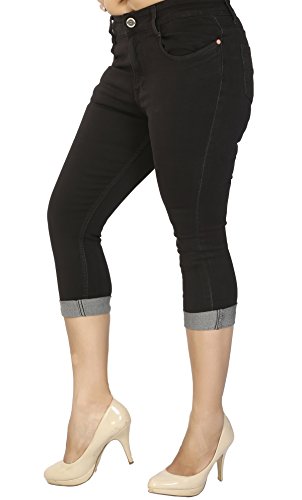 Image of FCK-3 Stretchable Denim Solid Mid Waist Knee Length Button Closure 5 Pocket Capree for Women