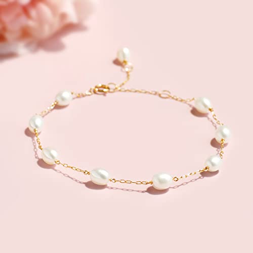 Pearl Bracelet for Women 14K Gold Filled Freshwater Cultured Pearl Handmade Bracelet Tin Cup Pearl Bracelet Jewelry,7.0"+0.5"+0.5"4