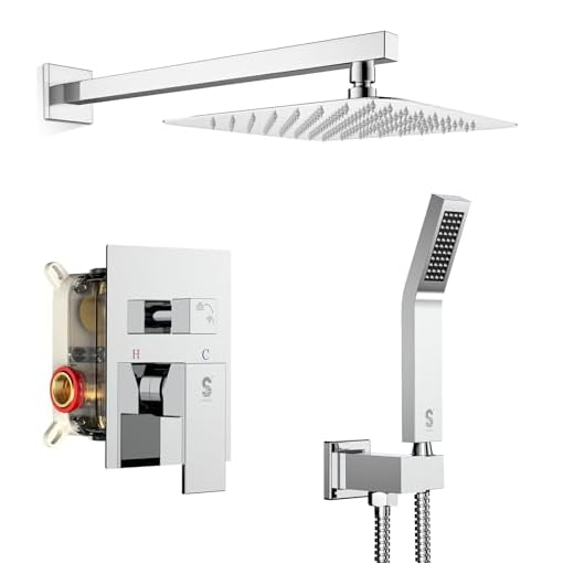 SR SUN RISE SRSH-F5043 10 Inches Bathroom Luxury Rain Mixer Shower Combo Set Wall Mounted Rainfall Shower Head System Polished Chrome Shower Faucet Rough-in Valve Body and Trim Included