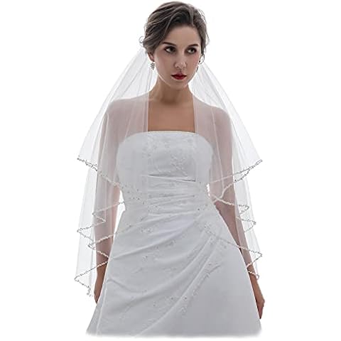 SAMKY 2T 2 Tier Wavy Pearl Crystal Beaded Veil - White Fingertip Length 36" V442 Cover