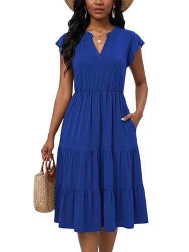 Image of Womens Summer Dress Ruffle Sleeve V Neck Midi Dresses Casual Fit Flowy Tiered Boho Beach Vacation Sundress