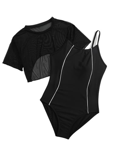 Floerns Girls Spaghetti Strap One Piece Swimsuit with Short Sleeve Mesh Cover Up