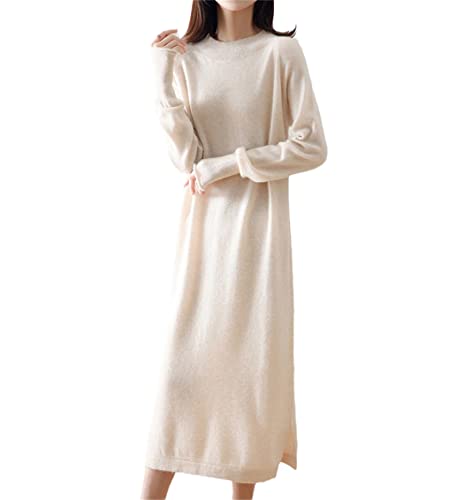Robe tricotée 100% laine beige col rond pour femme | Douceur et bien-être