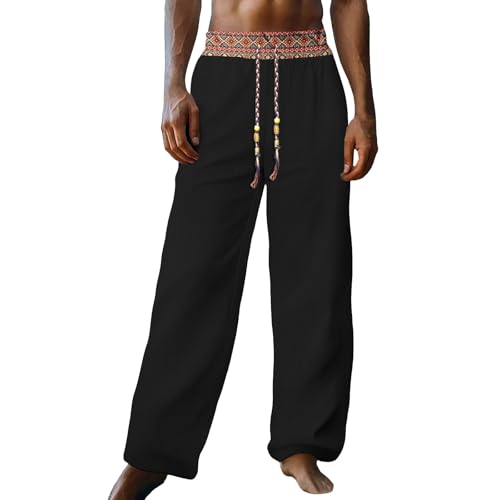 Men's Retro Pants Cotton Linen High Waist Graphic Drawstring Straight Leg Trousers Loose Comfy Lightweight Streetwear