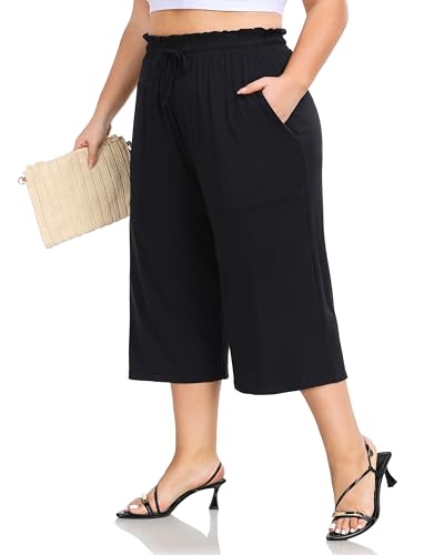 ZERDOCEAN Women's Plus Size Wide Leg Capris High Waisted Casual Lounge Pants with Drawstring Pockets