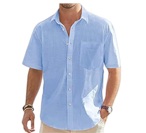 Hauts d'été en lin pour homme léger manches courtes boutonné bleu