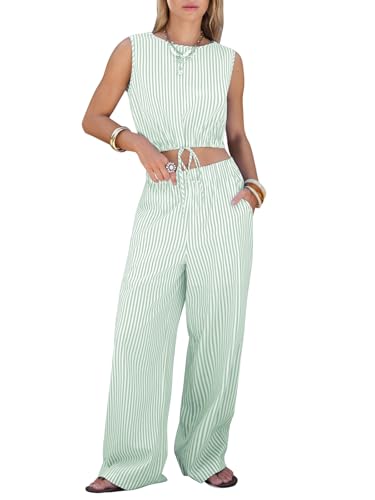 EXLURA Womens 100% Cotton 2 Piece Outfits Stripe Drawstring Crop