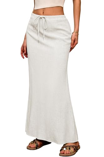 ELLEVEN Rayon-Linen Blend Maxi Long Flowy Skirt with Back Slit - Elastic Waist Drawstring Long Flowy Ankle-Length Skirt