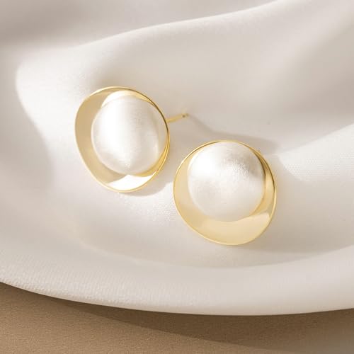 Geometric Chunky Stud Earrings for Women,Thick Brashed Matte Brass Metal Lightweight Dainty Trendy Statement Two-Tone Jewelry Earrings2