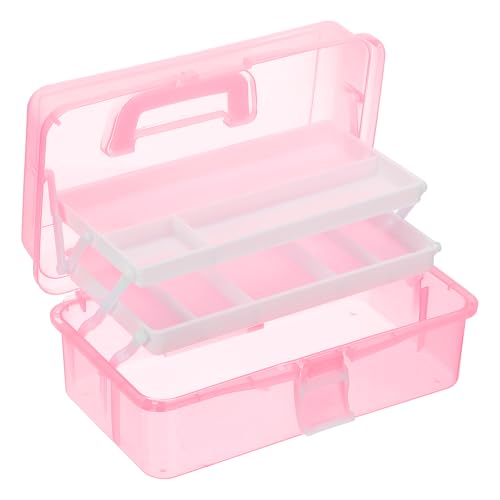 Image of YOKIVE Art Supply Storage Organizer, Art Tool Storage Box 3-Tray Craft Box Art Supplies Organizer with Handle Buckle for Brushes Paints Stamps, Pink