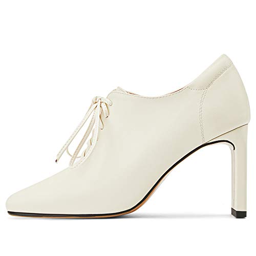 TinaCus Women's Genuine Leather Handmade Square Toe Lace Up Side Zip High Chunky Heel Pumps2