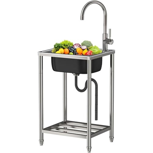 Fregadero De Cocina Exterior/Jardin Mueble Fregadero De Acero Inoxidable Portatil Lavamanos Industriales con Grifo Estante Y Escurridor Pila De Lavar Para Garajes/Lavanderías/Restaurantes Comercial