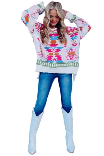Women's Oversize Aztec Print High Low V Neck Sweater in White