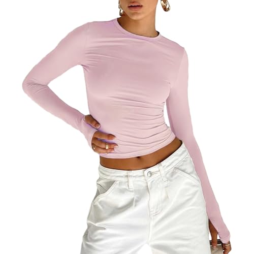 Maglietta a Manica Lunga Donna Sexy Maglietta a Maniche Lunghe con Fori per i Pollici Ragazza Crop Top in Pizzo Ragazza Top Solido Taglio Slim Ragazza Shirt Elegante (Rosa Chiaro, M)