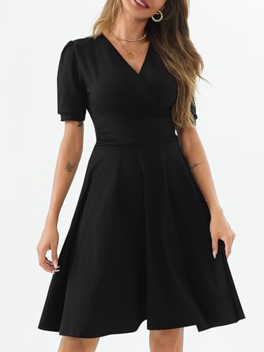 Image of Women's Summer Casual Dress Short Sleeve Wrap V-Neck A-Line Dress Sundress Wedding Guest Cocktail Midi Dresses
