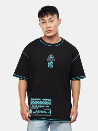 Image of crazymonk Men's Cotton Printed Kaiju No.8 Oversized Black T-Shirt