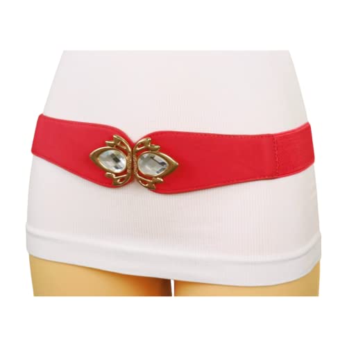 Women Fashion Belt Hip High Waist Elastic Stretch Waistband Metal Bling Buckle S M Coral Color2