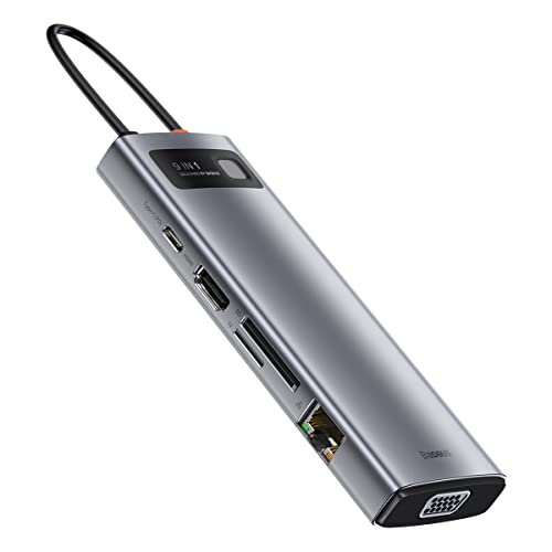 Hub Multifuncional Baseus Metal Gleam 9n1 Cinza (USB-C p/ HDMI*1+USB3.0*3+PD*1+RJ45*1+SD/TF*1+VGA*1)