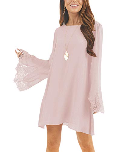 YOINS Mini Vestidos de Manga Larga Mujer Vestido de Encaje Elegante Camisa de Vestidos Larga Suelta Cuello Redondo Manga Acampanada Rosa Claro M Cover