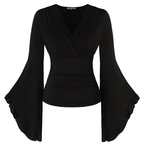 Long Bell Sleeve Blouses for Women Wrap Renaissance Ruched Goth Top Black 2XL
