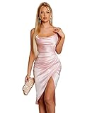 HTZMO Women's Satin Slip Dress Cowl Neck Backless Ruched Bodycon Sexy Club Midi Dresses Pink XS