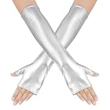 obmwang Long Shiny Metallic Fingerless Gloves Halloween Party Costume Gloves for Women and Girls, Silver