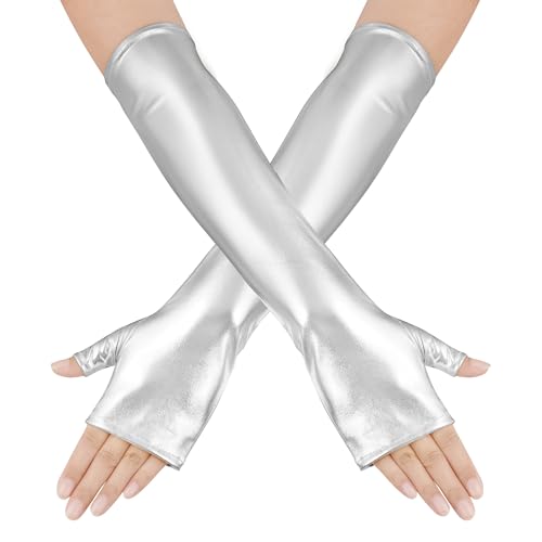 obmwang Long Shiny Metallic Fingerless Gloves Halloween Party Costume Gloves for Women and Girls, Silver