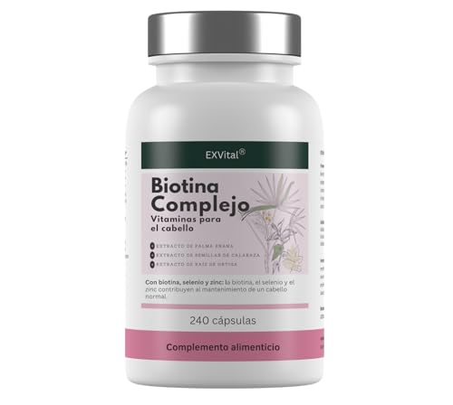 EXVital Complejo de Biotina, vitaminas para el cabello, con extracto de palma enana americana, calabaza y ortiga, 240 cápsulas veganas, enriquecido con selenio y zinc, probado en laboratorio