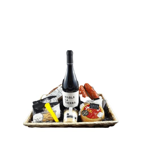 Cesta de Regalo para Empresas con Vino Tinto Habla de la Tierra, Salchichón Ibérico, Queso de Cabra Sudao, Morcilla Patatera – Corazón Extremeño