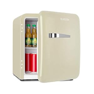 Klarstein Audrey Mini Retro koelkast – minikoelkast, drankkoelkast, energie-efficiëntieklasse, inhoud 48 liter, 2 niveaus, koeltemperatuur: 0-10 ° C, flessenvak, beige