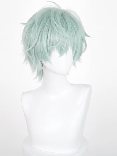 Image of Half and Half Short Light Green Anime Male Wig for Till Cosplay Green Wigs with Bangs for Men Light Teal Spiky Layered Wigs for Unisex Women Halloween Party Costumes