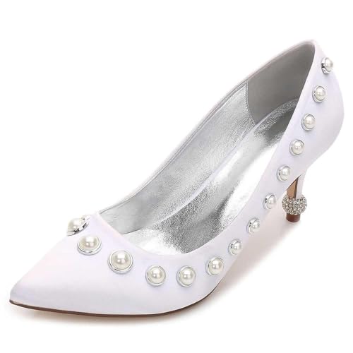 Womens Wedding Shoes Women's Comfortable Kitten Heel Pumps with Satin, Pearls, Pointed Toe, and Slip-On - Ideal for Wedding, Dress, Office, and Work Shoes(White,8.5)