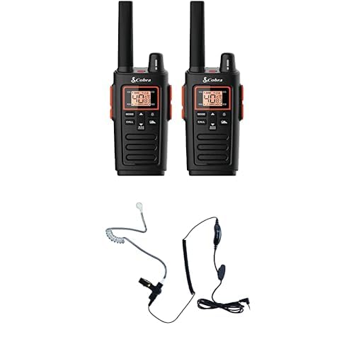 Image of Cobra RX380 2-Pack Walkie Talkies & Compatible Cobra GA-SV01 2P Surveillance Headset Microphones: Rechargeable, 40 Preset Channels, Long Range 32-Mile Two-Way Radio Set, Black