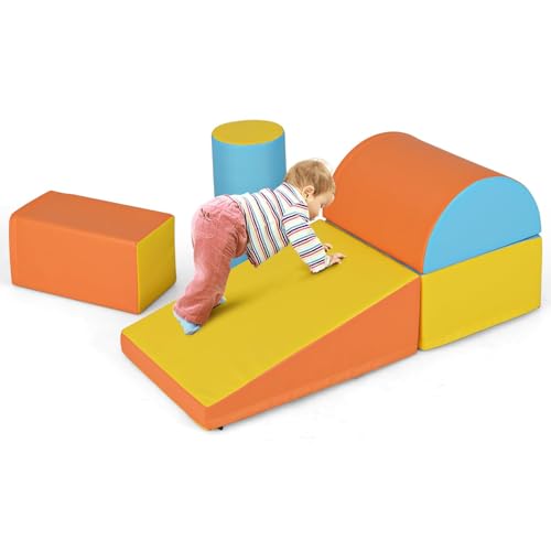 COSTWAY 5 TLG. Schaumstoffbausteine, Riesenbausteine zum Toben und Klettern, Softbausteine aus Schaumstoff, Großbausteine Mehrfarbig, Bauklötze für Babys und Kleinkinder (Orange + Gelb)