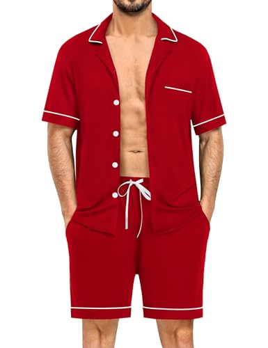 Image of SWOMOG Mens Pajama Sets Short Sleeve Sleepwear Button Down Loungewear Soft Modal Lounge Pjs with Pockets S-XXL