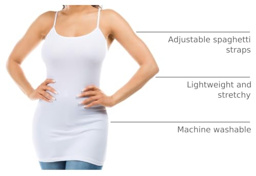 Image of Long Cotton Camisole Tank Tops for Women | Basic Braless Layering Tops with Adjustable Spaghetti Straps