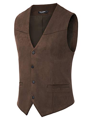 Pj Paul Jones Mens Cowboy Vest Suede Leather Western V Neck Slim Fit Suit Vest Jacket Brown M #TOP1