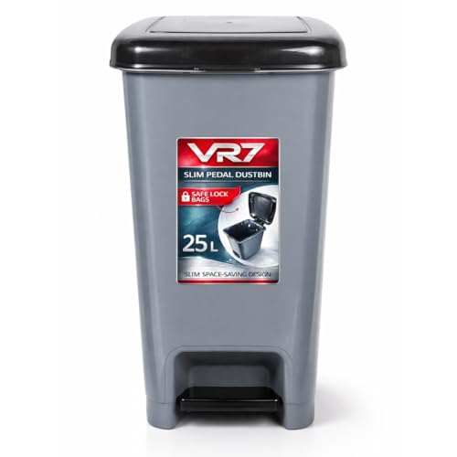 Slim Pedal Kitchen bin with Lid 25L Large Plastic Indoor/Outdoor Sanitary Garbage Clinical Waste Bin Living Room Grey Recycling Trash Garden Dustbin