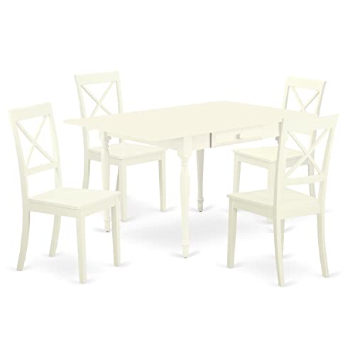 East West Furniture MZBO5-LWH-W Monza 5 Piece Set Includes a Rectangle Dining Room Table with Dropleaf and 4 Wood Seat Chairs, 36x54 Inch, Linen White East West Furniture MZBO5-LWH-W Monza 5 Piece Set Includes a Rectangle Dining Room Table with Dropleaf and 4 Wood Seat Chairs, 36x54 Inch, Linen White