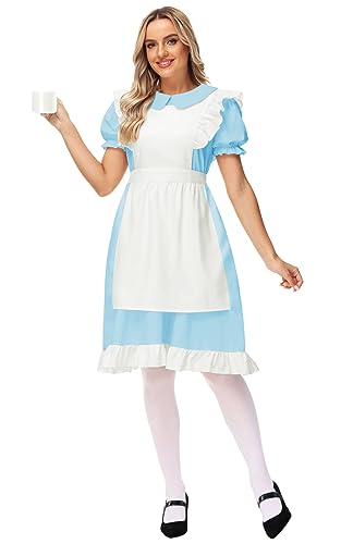 Image of Deerose Adult Women Bule White Costume with Apron Halloween Maid Princess Dresses