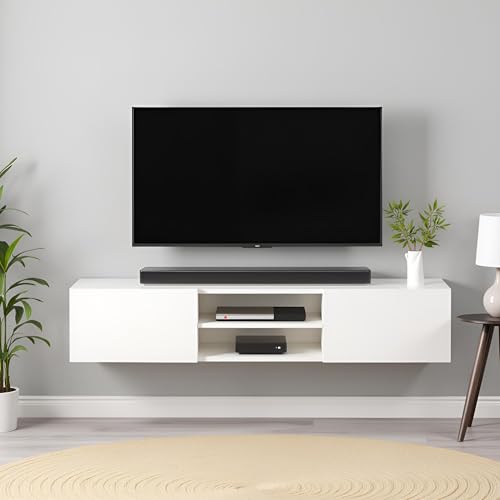 Image of FURNEASER Sasia Modern Wall Mounted TV Unit for 32 /42 /55 Inch TV | Floating Entertainment Unit with Storage | Engineered Wood TV Cabinet for Living Room | TV Stand with Doors (White)