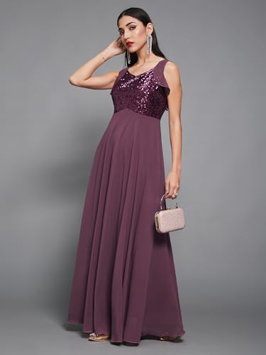 Image of Miss Chase Women's Round Neck Sleeve Embellished Fit Flare Maxi Dress