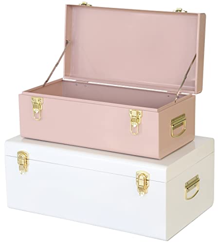 Image of Vixdonos Metal Trunks College Dorm Steel Chests Decorative Storage Box Set of 2 Bedroom Organizer for Home Decor,23.7X14.2X9.5 Inches(Pink and White)