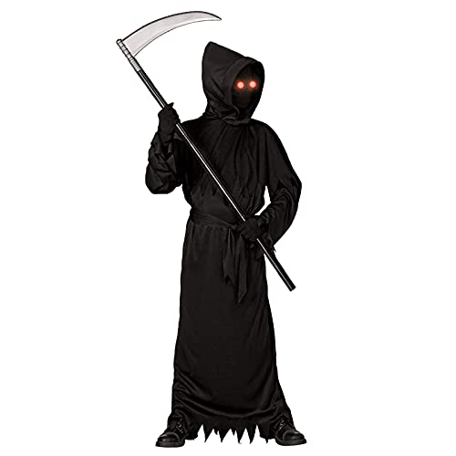 Lomesion Grim Reaper Halloween Costume with Glowing Red Eyes for Kids, Scythe Included