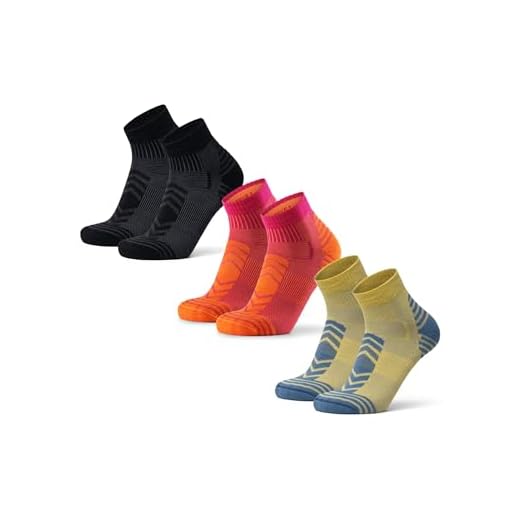 DANISH ENDURANCE Calcetines Senderismo Antiampollas, Calcetines Cortos, Hombre y Mujer, 3 Pack, Multicolor (1xAmarillo/Gris Pedernal, 1xFucsia/Naranja, 1xNegro), 39-42