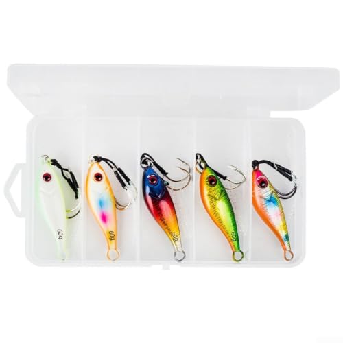 Slow Pitch Jig Fishing Lures Set 5Pcs Luminous Sinking Spoon for Cod Zander Mackerel Salmon Saltwater 3cm-7cm(60g)