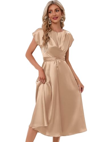 Image of Women's Summer Satin Dress Elegant A-Line Cap Sleeves Tie Waist Flowy Midi Dress Cocktail Wedding Guest Dress