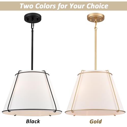 Image of 3-Light Gold Cone 16 inch Pendant Light Fabric Drum Shade with Metal | White and Gold Chandeliers, Sloped Ceiling Compatible for Kitchen Dining Room Living Room Bedroom